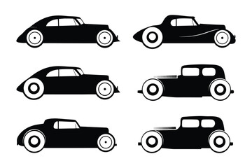 Vintage Car Silhouette Set: This image showcases a collection of classic car silhouettes, ideal for projects related to automotive design, history, or transportation.