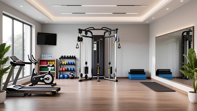Modern home gym interior, spacious fitness area with workout equipment, bright lighting, indoor plants, ideal for wellness activities.