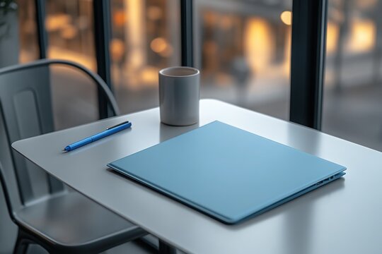 A blue notebook sits on a table with a pen and a cup of coffee