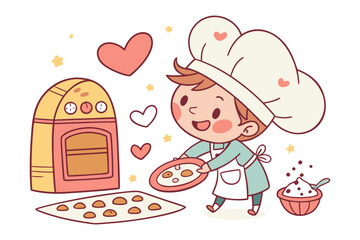 Little Baker's Sweet Treats: Adorable illustration of a young baker happily creating delicious cookies, surrounded by hearts and the warmth of a cozy kitchen, radiating joy and culinary charm.