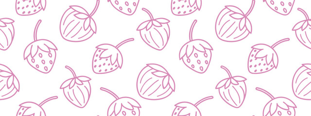 Cute seamless pink strawberry pattern in simple line art style on white background, perfect for sweet fruit-themed wallpapers, textiles, packaging, and playful decorative designs.
