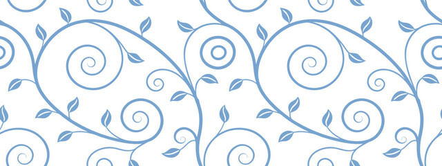 Elegant seamless blue floral swirl pattern with delicate vines, leaves, and curls, perfect for backgrounds, textiles, and decorative designs in a modern minimal style.