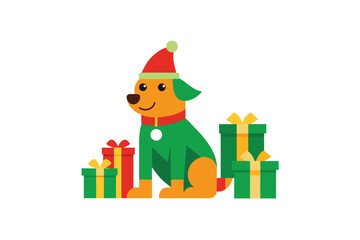 Dog wearing elf costume sitting beside gift box cute animal vector art illustration