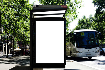 bus shelter with blank ad panel. billboard display. empty white lightbox sign at bus stop....