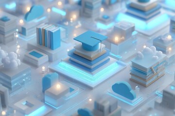 Modern 3D visualization of online education and cloud technology concept, featuring a graduation cap, stacks of books, and cloud elements on light blue glowing platforms