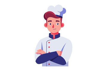 Confident Chef Illustration: A friendly chef stands with arms crossed, smiling confidently, ready to bring culinary delights to life with skill and passion.