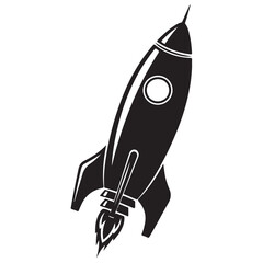 Black and white illustration of a cartoon rocket taking off into space.