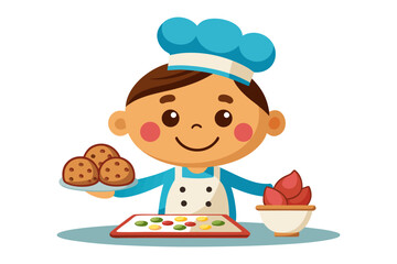 Little Chef with Cookies: An adorable cartoon illustration of a young chef proudly presenting freshly baked cookies and colorful candies, evoking feelings of warmth and happiness.