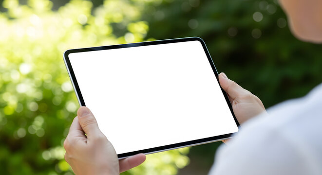 Person holding a tablet computer outdoors with a blank screen, surrounded by greenery.