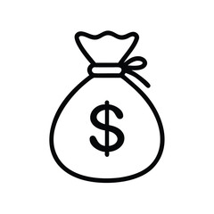 Money Bag Icon with Dollar Sign – Black and White Line Art Finance Symbol.