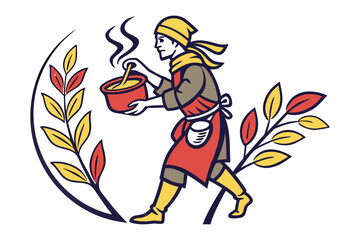 Naklejka premium Culinary Artisan: An illustration captures a culinary artisan, adorned in traditional garb, delicately stirring a pot of freshly-made food, encircled by artistic, botanical accents.