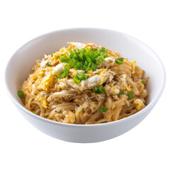 Delicious Asian Noodle Dish with Crab Meat and Green Onion Garnish in a White Bowl