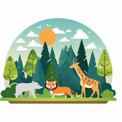 Fototapeta premium Natural habitat scene with a bear, lion, and giraffe set against a scenic backdrop of trees, sun and birds, perfect for a logo.