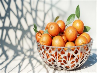 A stylish metallic bowl filled with fresh oranges and green leaves sits in bright sunlight, casting artistic shadows on a white background, evoking a modern, summery and refreshing aesthetic.