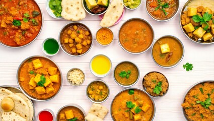 A vibrant assortment of indian curries and accompaniments