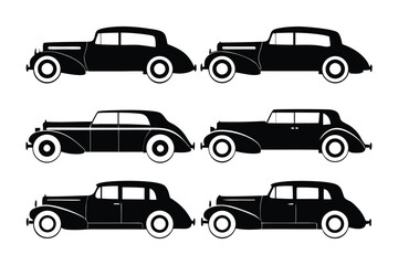 Classic Cars Silhouette: A collection of elegant vintage automobiles, rendered in sleek black silhouettes against a clean backdrop, embodying timeless design and automotive heritage.