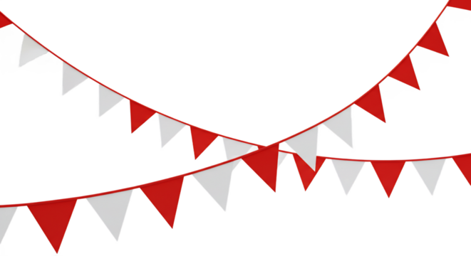 Festive red and white pennant banner decorations hang against a transparent background