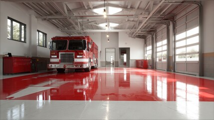 Red-floored fire station interior with firetruck