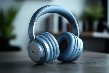 A pair of blue headphones with a black band sits on a wooden table