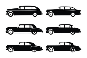 Classic Sedan Silhouettes: A collection of sleek, black classic sedans is presented against a simple background, representing timeless elegance and automotive heritage. 