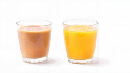 Two glasses of orange juice and chocolate drink on white background  