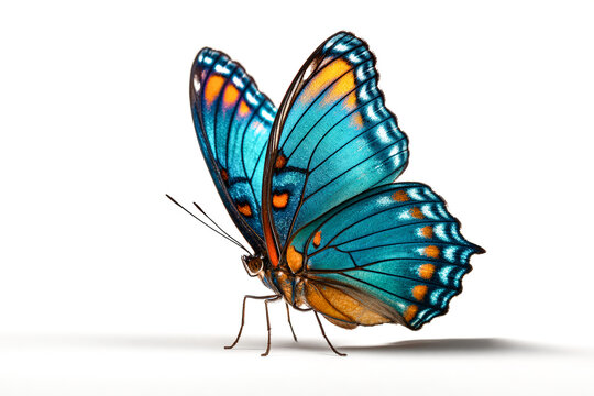 A spectacular butterfly with luminous wings perches gracefully, blending colors like a painted canvas. Photographed on a white background, the image balances elegance, stillness, and natural wonder.