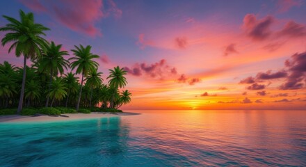 Vibrant tropical sunset over a tranquil ocean with palm trees on a sandy beach