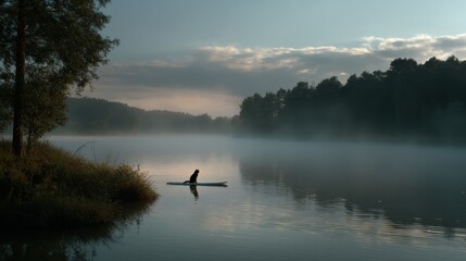 Tranquil lake scene at dawn with silhouetted kayaker amid misty trees and still waters