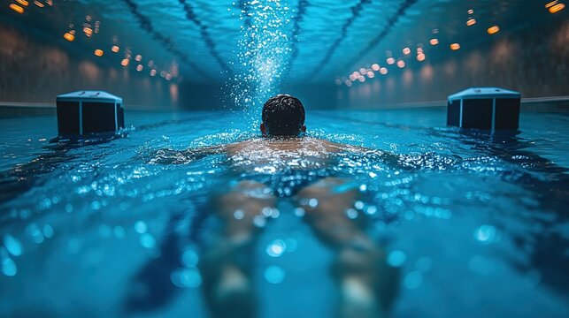 Underwater Low Angle View of Swimmer Doing Backstroke Towards Starting Block in Blue Competitive Pool.