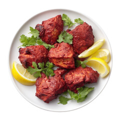 Delicious Plate of Spicy Chicken Pieces Garnished with Fresh Herbs and Lemon Slices