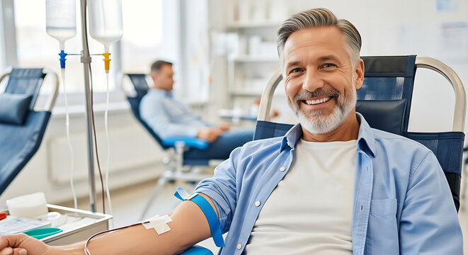 Smiling Man Donating Blood for Medical Purpose