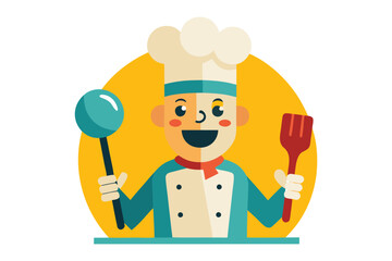 Cheerful Chef in Kitchen: A charming illustration of a chef, radiating positivity, in a brightly lit kitchen environment, holding a ladle and a spatula.