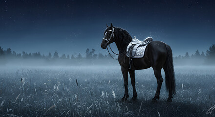 Fototapeta premium Black Horse with Silver Saddle in Moonlit Meadow PNG