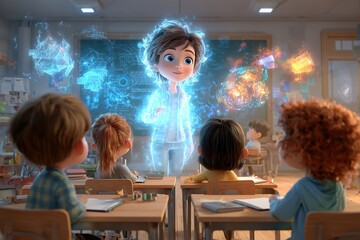 Future education children interact holographic teacher virtual objects interactive classroom embodying innovative teaching methods