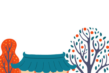 Rural Korean landscape elements on transparent background, scene with traditional house hanok roof, persimmon, autumn trees. Chuseok, Mid Autumn Festival design. Hand drawn flat vector illustration