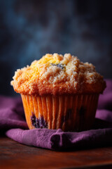 Fresh Blueberry Muffin on Dark Wooden Background