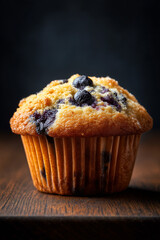 Fresh Blueberry Muffin on Dark Wooden Background
