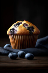 Fresh Blueberry Muffin on Dark Wooden Background