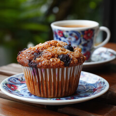 Fresh Blueberry Muffin with Coffee on Dark Wooden Background