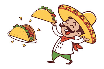 Mexican Chef with Tacos: A cheerful cartoon illustration of a mexican chef presenting delicious tacos, celebrating the flavorful fusion of cuisine and cultural zest.