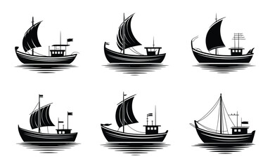Fishing Boat Silhouette Icons Vector Illustration - Modern Marine and Nautical Collection for Ocean, Travel, and Traditional Design Elements