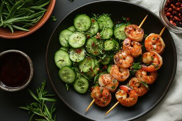 A plate of shrimp and cucumber skewers is served on a black plate