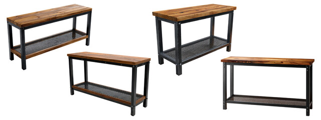 Set of four rustic industrial style console tables or benches with wooden tops and metal frames