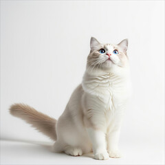 Beautiful ragdoll cat with striking blue eyes sitting gracefully on white background