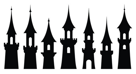Medieval Castle Tower Silhouettes Set - Fairy Tale and Fantasy Architecture Vector Collection