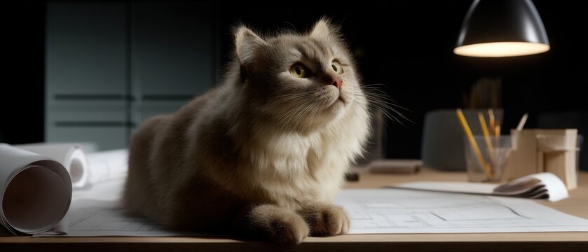 Fluffy cat sitting on a desk with blueprints under warm desk lamp light