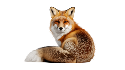 A captivating red fox sits against a black backdrop, showcasing its lush fur and alert gaze with transparent background.