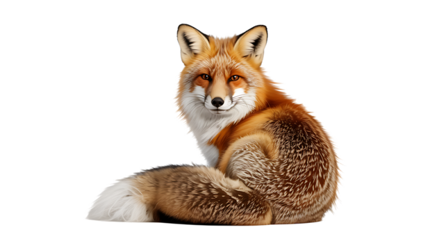 A captivating red fox sits against a black backdrop, showcasing its lush fur and alert gaze with transparent background.