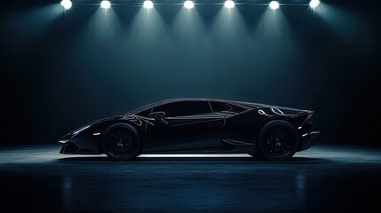 Luxury sports car in a sleek black studio, illuminated by soft spotlights, automotive elegance and power for premium automotive marketing 