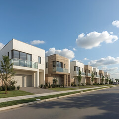 Contemporary urban planning and real estate investment in Australia's suburban fringe are thriving in a quiet residential street adorned with modern double-storey townhouses.